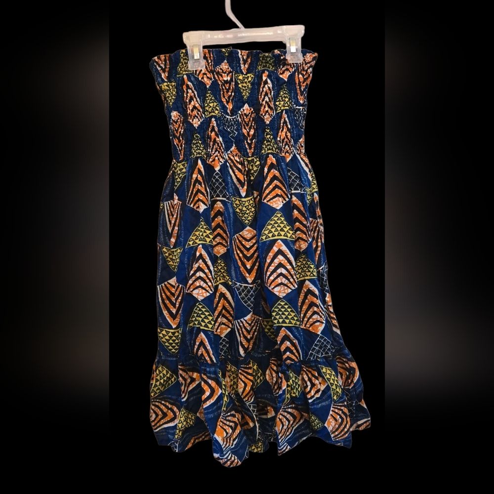 Moda International Women's Strapless Geometric Dress - Blue, Orange, Yellow NWOT